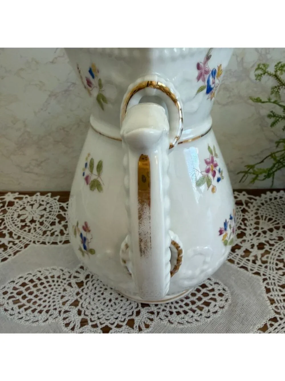 Antique Victorian Ironstone Chocolate Pot Lidded Coffee Server Floral Gold 10.5